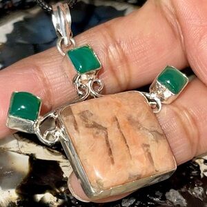 Beautiful Peach Moonstone & Chalcedony Pendant 1 7/8”